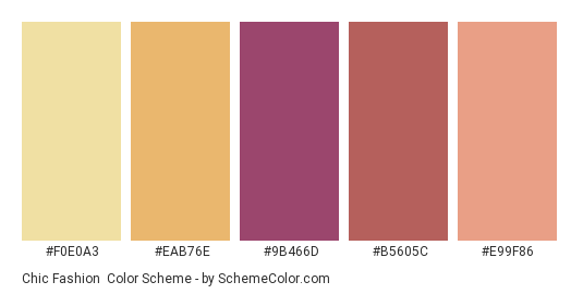 Chic Fashion - Color scheme palette thumbnail - #F0E0A3 #EAB76E #9B466D #B5605C #E99F86 