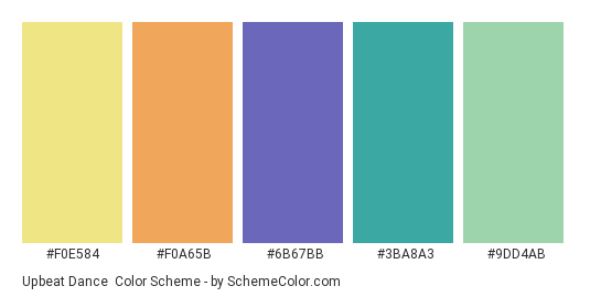 Upbeat Dance - Color scheme palette thumbnail - #F0E584 #F0A65B #6B67BB #3BA8A3 #9DD4AB 