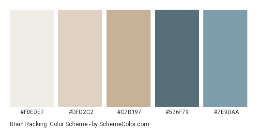 Brain Racking - Color scheme palette thumbnail - #F0EDE7 #DFD2C2 #C7B197 #576F79 #7E9DAA 
