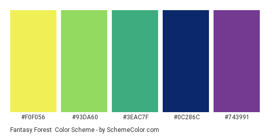 Fantasy Forest - Color scheme palette thumbnail - #F0F056 #93DA60 #3EAC7F #0C286C #743991 