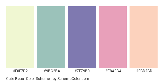Cute Beau - Color scheme palette thumbnail - #F0F7D2 #9BC2BA #7F79B0 #E8A0BA #FCD2BD 