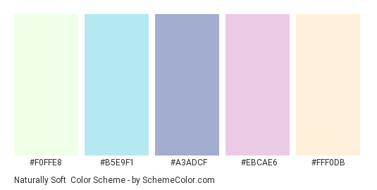 Naturally Soft - Color scheme palette thumbnail - #F0FFE8 #B5E9F1 #A3ADCF #EBCAE6 #FFF0DB 