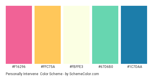 Personally Intervene - Color scheme palette thumbnail - #F16296 #FFC75A #FBFFE3 #67D6B0 #1C7DAA 