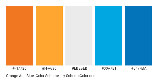 Orange and Blue - Color scheme palette thumbnail - #F17720 #ffa630 #ebebeb #00a7e1 #0474ba 