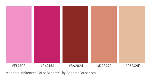 Magenta Makeover - Color scheme palette thumbnail - #F193C8 #C4216A #8A2824 #D98A73 #E6BC9F 