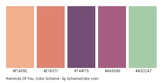 Reminds Of You - Color scheme palette thumbnail - #F1AF8E #E18371 #744F75 #A65D80 #A5CCA7 