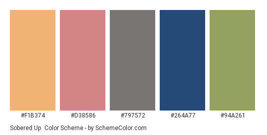 Sobered Up - Color scheme palette thumbnail - #F1B374 #D38586 #797572 #264A77 #94A261 