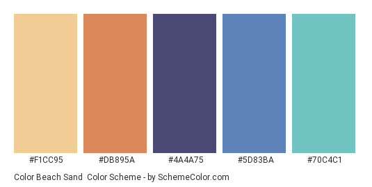 Color Beach Sand - Color scheme palette thumbnail - #F1CC95 #DB895A #4A4A75 #5D83BA #70C4C1 
