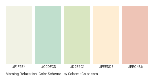 Morning Relaxation - Color scheme palette thumbnail - #F1F2E4 #C0DFCD #D9E6C1 #FEEDD3 #EEC4B6 