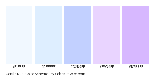 Gentle Nap - Color scheme palette thumbnail - #F1F8FF #DEEEFF #C2D0FF #E9D4FF #D7B8FF 