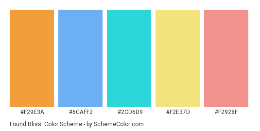 Found Bliss - Color scheme palette thumbnail - #F29E3A #6CAFF2 #2CD6D9 #F2E37D #F2928F 