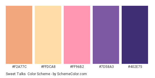 Sweet Talks - Color scheme palette thumbnail - #F2A77C #FFDCA8 #FF96B2 #7D58A3 #402E75 