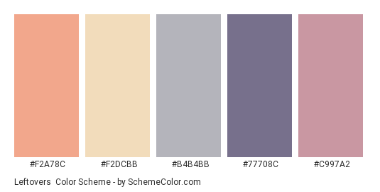 Leftovers - Color scheme palette thumbnail - #F2A78C #F2DCBB #B4B4BB #77708C #C997A2 