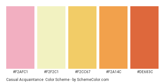 Casual Acquaintance - Color scheme palette thumbnail - #F2AFC1 #F2F2C1 #F2CC67 #F2A14C #DE683C 