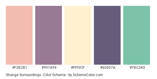 Strange Surroundings - Color scheme palette thumbnail - #F2BCB1 #997A94 #FFF0CF #655D7A #7BC2A9 
