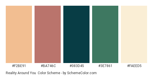 Reality Around You - Color scheme palette thumbnail - #F2BE91 #BA746C #083D45 #3E7861 #FAEED5 
