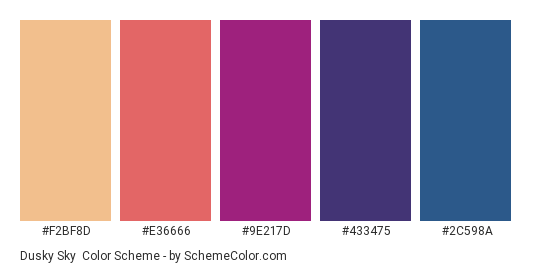 Dusky Sky - Color scheme palette thumbnail - #F2BF8D #E36666 #9E217D #433475 #2C598A 