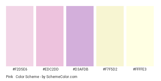 Pink & Yellow Pastel Tones - Color scheme palette thumbnail - #F2D5E6 #EDC2DD #D3AFDB #F7F5D2 #FFFFE3 