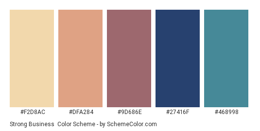 Strong Business - Color scheme palette thumbnail - #F2D8AC #DFA284 #9D686E #27416F #468998 