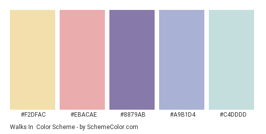 Walks In - Color scheme palette thumbnail - #F2DFAC #EBACAE #8879ab #a9b1d4 #c4dddd 