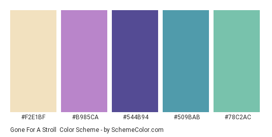 Gone for a Stroll - Color scheme palette thumbnail - #F2E1BF #B985CA #544B94 #509BAB #78C2AC 