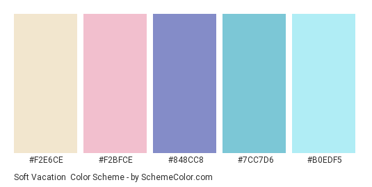 Soft Vacation - Color scheme palette thumbnail - #F2E6CE #F2BFCE #848CC8 #7CC7D6 #B0EDF5 