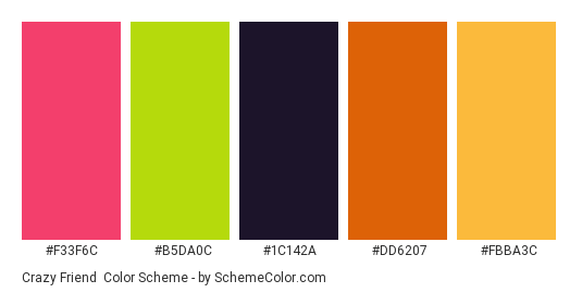 Crazy Friend - Color scheme palette thumbnail - #F33F6C #B5DA0C #1C142A #DD6207 #FBBA3C 