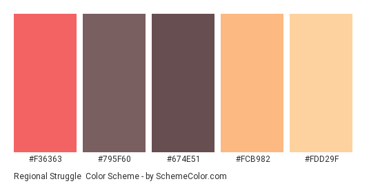 Regional Struggle - Color scheme palette thumbnail - #F36363 #795F60 #674E51 #FCB982 #FDD29F 