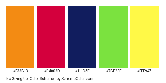 No Giving Up - Color scheme palette thumbnail - #F38B13 #D4003D #111D5E #7BE23F #FFF947 