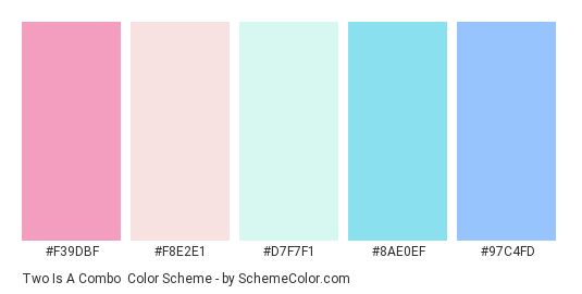 Two is a Combo - Color scheme palette thumbnail - #F39DBF #F8E2E1 #D7F7F1 #8AE0EF #97C4FD 