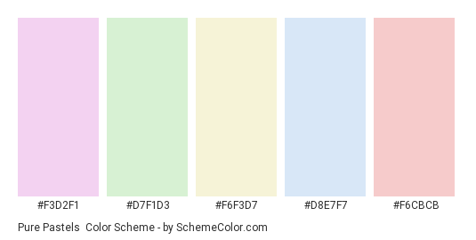 Pure Pastels - Color scheme palette thumbnail - #F3D2F1 #D7F1D3 #F6F3D7 #D8E7F7 #F6CBCB 