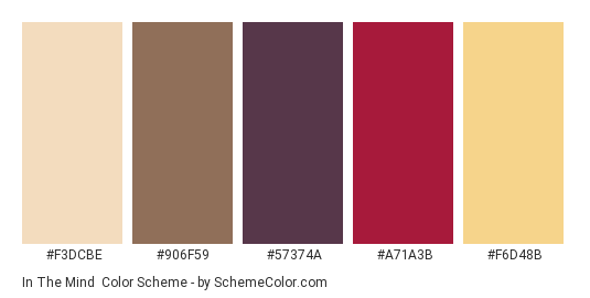 In the Mind - Color scheme palette thumbnail - #F3DCBE #906F59 #57374A #A71A3B #F6D48B 