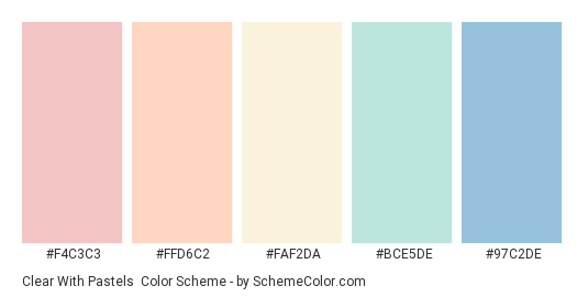 Clear with Pastels - Color scheme palette thumbnail - #F4C3C3 #FFD6C2 #FAF2DA #BCE5DE #97C2DE 