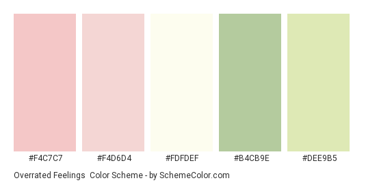 Overrated Feelings - Color scheme palette thumbnail - #F4C7C7 #F4D6D4 #FDFDEF #B4CB9E #DEE9B5 