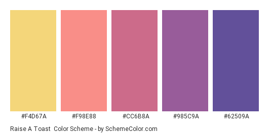 Raise a Toast - Color scheme palette thumbnail - #F4D67A #F98E88 #CC6B8A #985C9A #62509A 