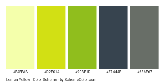 Lemon Yellow & Charcoal - Color scheme palette thumbnail - #F4FFAB #D2E014 #90BE1D #37444F #686E67 