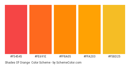 Shades of Orange - Color scheme palette thumbnail - #F54545 #FE691E #FF8A05 #FFA203 #F5BD25 