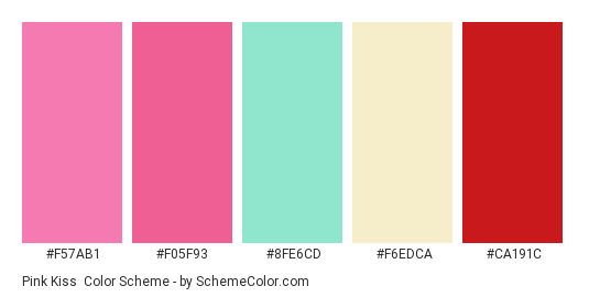 Pink Kiss - Color scheme palette thumbnail - #F57AB1 #F05F93 #8FE6CD #F6EDCA #CA191C 
