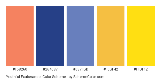 Youthful Exuberance - Color scheme palette thumbnail - #F58260 #264087 #687FBD #F5BF42 #FFDF12 