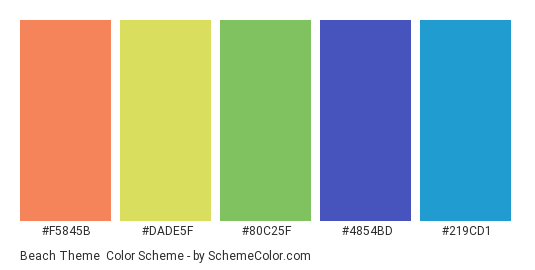 Beach Theme - Color scheme palette thumbnail - #F5845B #DADE5F #80C25F #4854BD #219CD1 