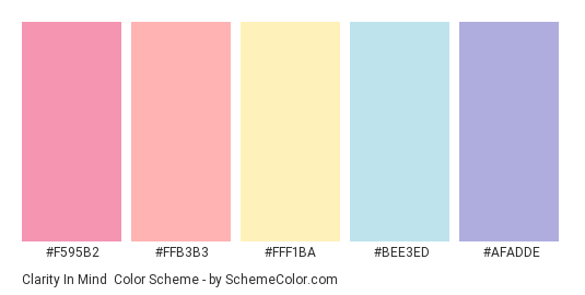 Clarity in Mind - Color scheme palette thumbnail - #F595B2 #FFB3B3 #FFF1BA #BEE3ED #AFADDE 