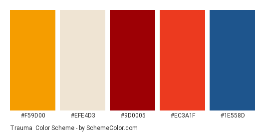 Trauma - Color scheme palette thumbnail - #F59D00 #EFE4D3 #9D0005 #EC3A1F #1E558D 