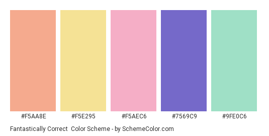 Fantastically Correct - Color scheme palette thumbnail - #F5AA8E #F5E295 #F5AEC6 #7569C9 #9FE0C6 