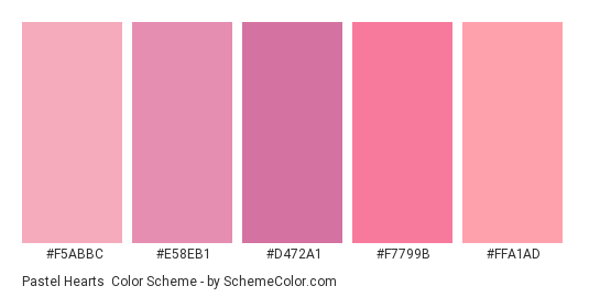 Pastel Hearts - Color scheme palette thumbnail - #F5ABBC #E58EB1 #D472A1 #F7799B #FFA1AD 