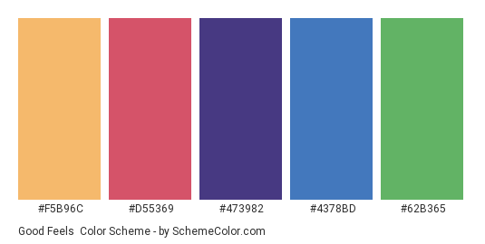 Good Feels - Color scheme palette thumbnail - #F5B96C #D55369 #473982 #4378BD #62B365 