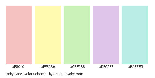Baby Care - Color scheme palette thumbnail - #F5C1C1 #FFFAB0 #CBF2B8 #DFC5E8 #BAEEE5 