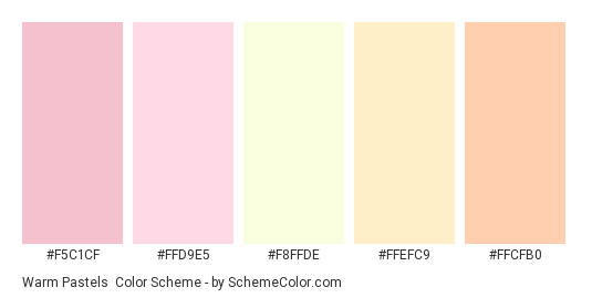 Warm Pastels - Color scheme palette thumbnail - #F5C1CF #FFD9E5 #F8FFDE #FFEFC9 #FFCFB0 
