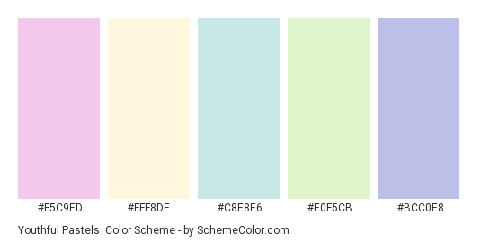 Youthful Pastels - Color scheme palette thumbnail - #F5C9ED #FFF8DE #C8E8E6 #E0F5CB #BCC0E8 