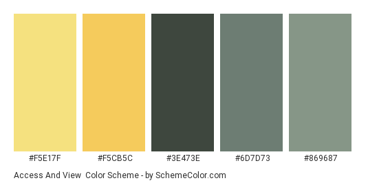 Access and View - Color scheme palette thumbnail - #F5E17F #F5CB5C #3E473E #6D7D73 #869687 