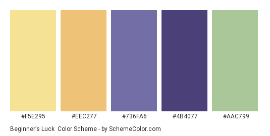 Beginner’s Luck - Color scheme palette thumbnail - #F5E295 #EEC277 #736FA6 #4B4077 #AAC799 